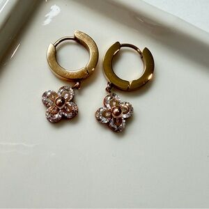 Gold Flower Hoop Drop Earrings - Rose Gold Crystal Accent